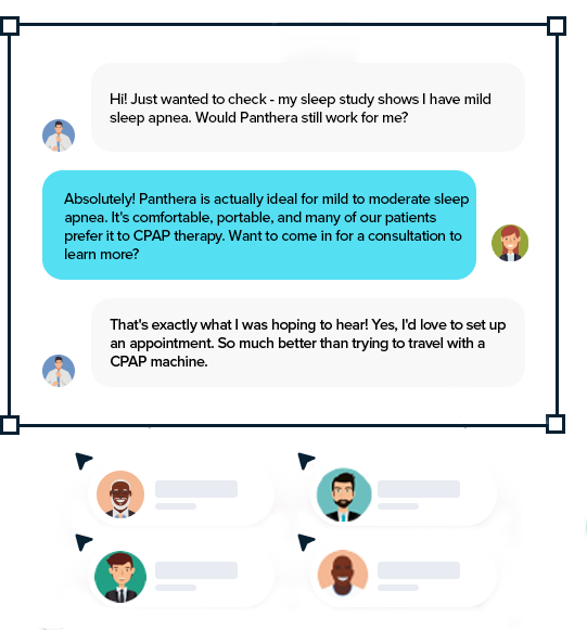 Text message conversation between a patient and Sturgill Sleep Center about treating mild sleep apnea with the Panthera oral appliance as an alternative to CPAP therapy.